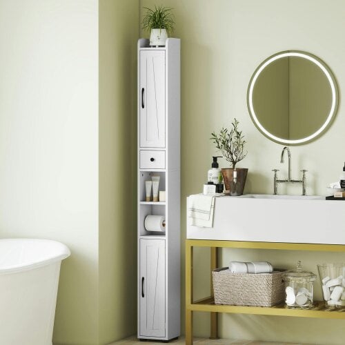 Wyld Haus Mittori Farmhouse Style Slim Bathroom Storage Cabinet With Barn Doors And Toilet Roll Holder White