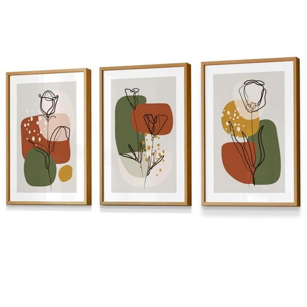 Artze Wall Art Floral Set of 3 Autumn Boho Framed Prints in Orange and Green