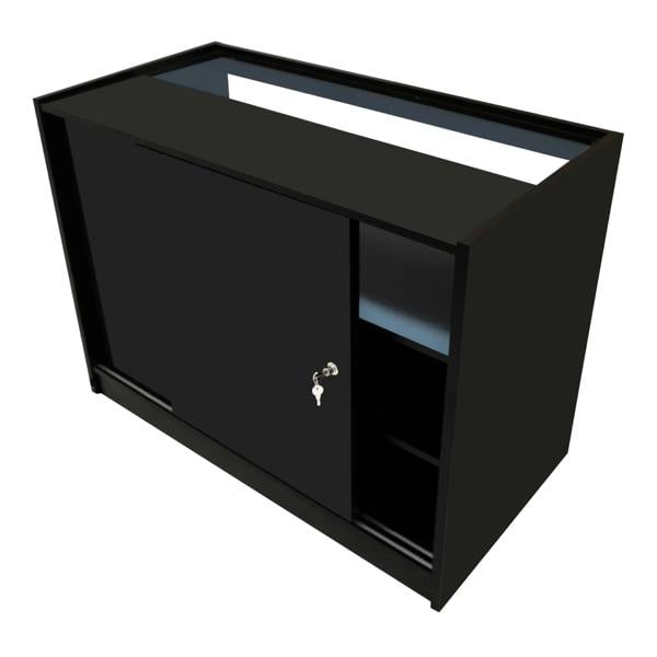 Black Iris LED shop counter set featuring a sleek design, sliding doors, and open shelving for storage and display