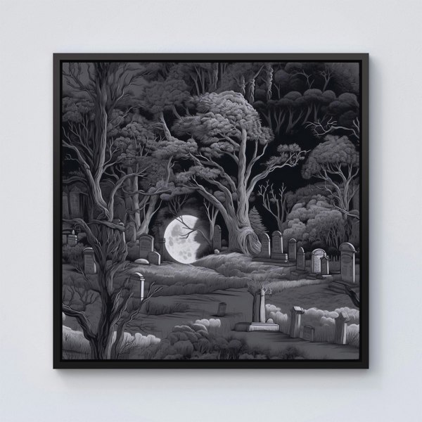 Warren Reed Eerie Moonlit Cemetery Framed Canvas