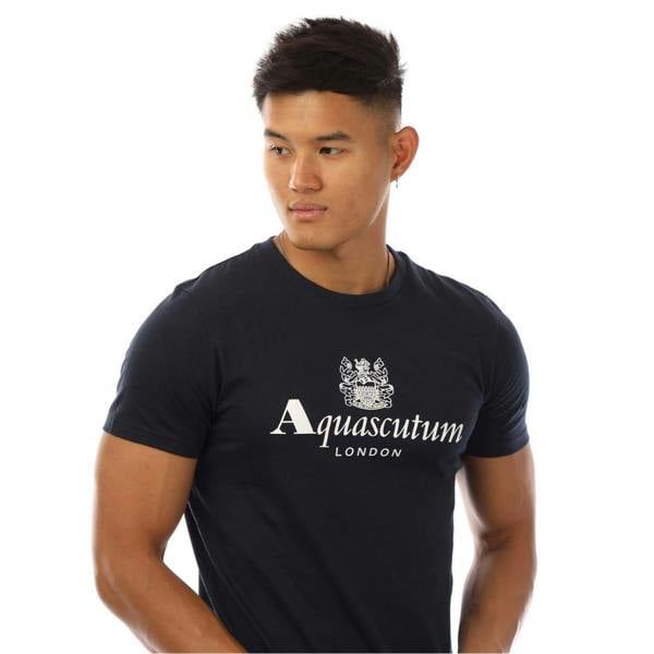 Aquascutum Mens Logo Crew Neck Regular T-Shirt - Navy/White - 