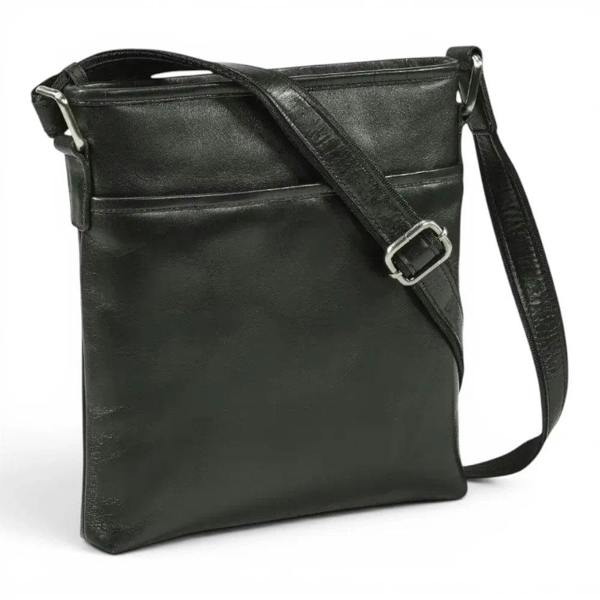 Premium black real leather crossbody bag with rear zip pocket and front magnetic pocket.
