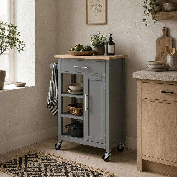 Wyld Haus Sovasa Wooden Grey Compact Kitchen Trolley With OFauxn Shelves And Drawer Storage