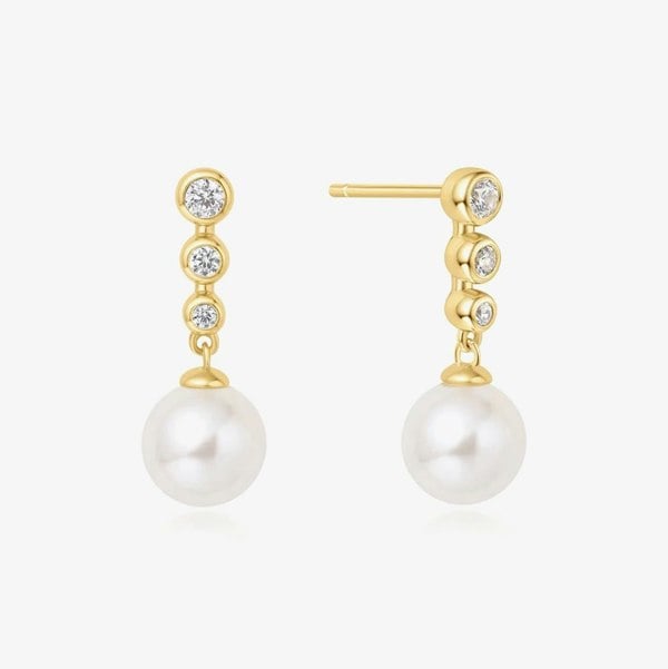 Ania Haie Miss Dainty 14ct Gold Plated Cubic Zirconia Shell Pearl Drop Earrings E065-03G