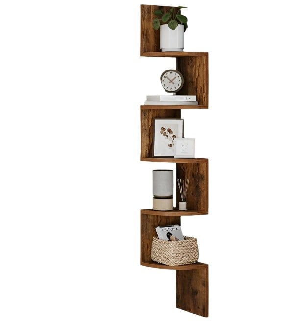 Modcraft Rustic Brown 5-Tier Corner Wall Shelf – Floating Display Bookcase