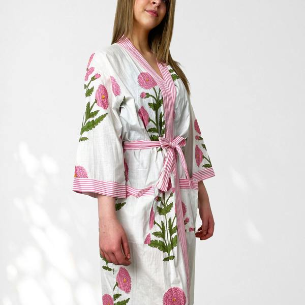 Hayley & Co White and Pink Flower Print 100% Cotton Dressing Gown