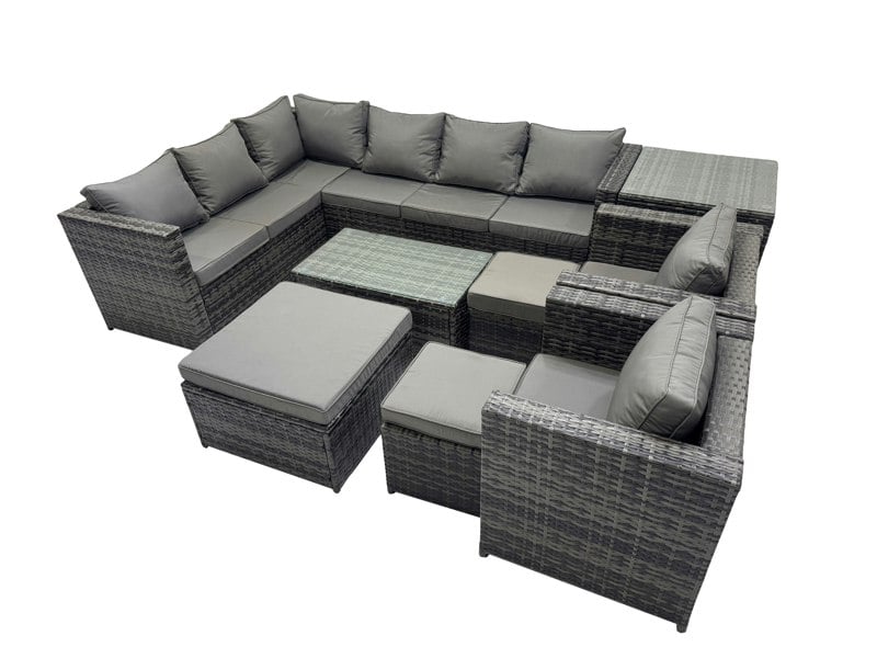 Fimous Outdoor Rattan Rectangular Coffee Table Corner Sofa Sets Garden Furniture Set with 2 Chairs 3 Stools Side Table Dark Grey Mixed
