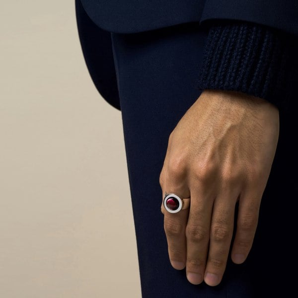 model wearing indian garnet ring in sterling silver