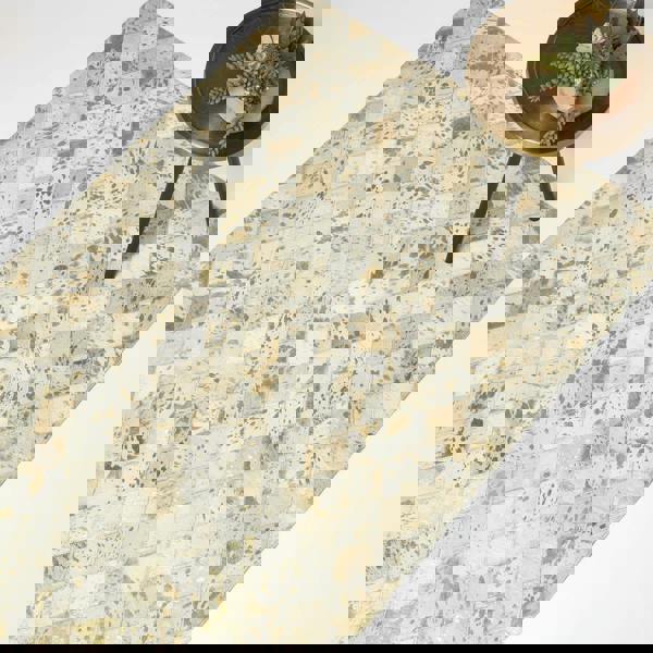 HOMESCAPES Gold & Grey Geometric Diamond Leather Rug, 90 x 150 cm