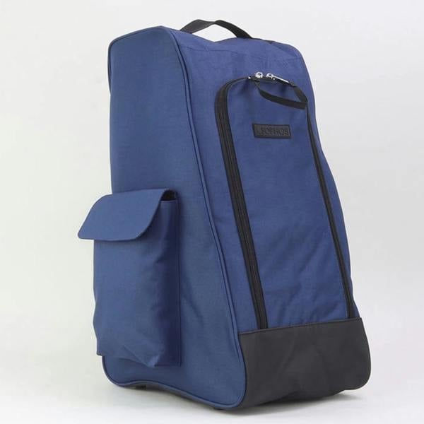 A tall navy blue wellington boot bag featuring a black base trim, a large zippered front opening, and a flapped side storage pocket against a plain white background.