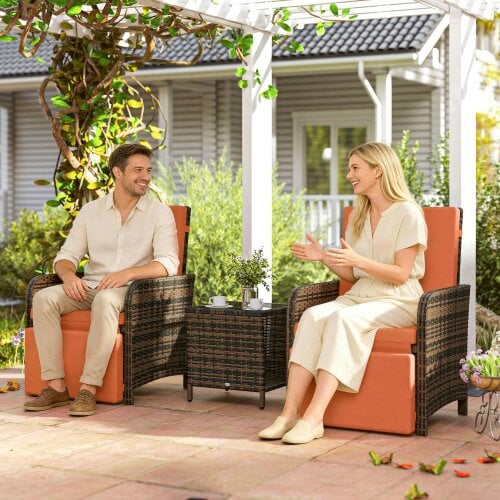 Wyld Haus Haridi Brown Rattan and Orange 3 Piece Bistro Set With Cushions And Storage Table