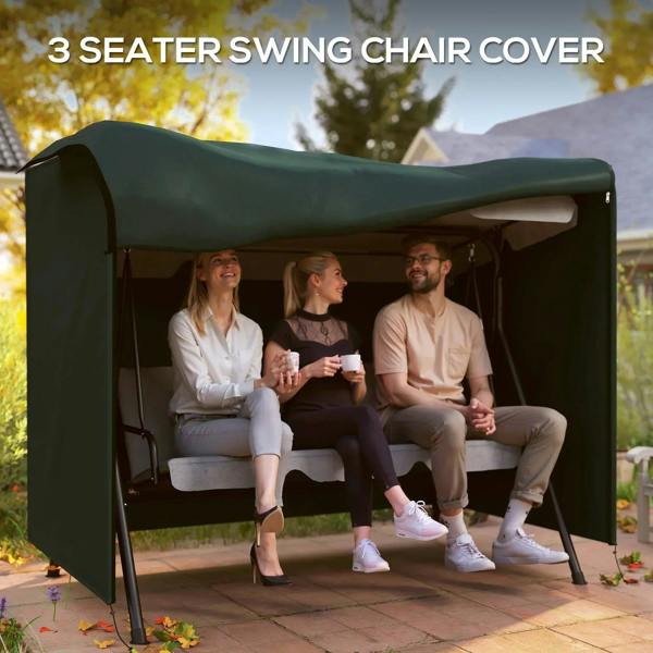 Deep green three-seater swing chair cover with overhang canopy and full side coverage