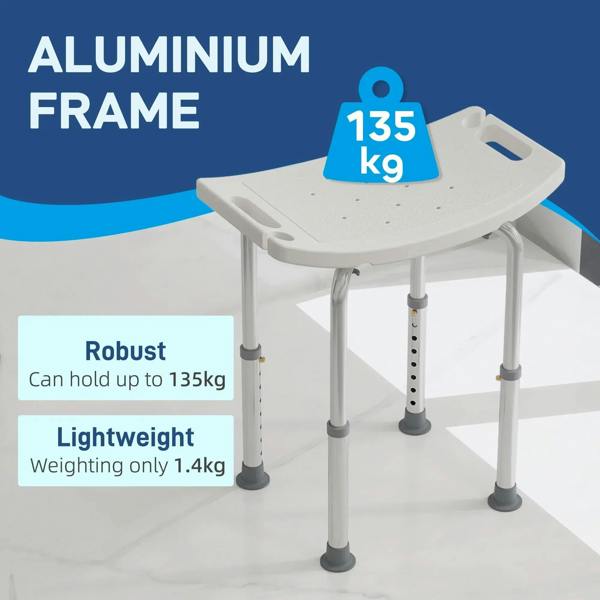 Height-adjustable bath stool with white seat, aluminum frame, and adjustable height legs