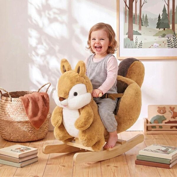 Rocking Horse, Stable Plush Ride on Horse Squirrel Design with Animal Sounds, Security Belt for Toddlers 1-3 Y, Brown