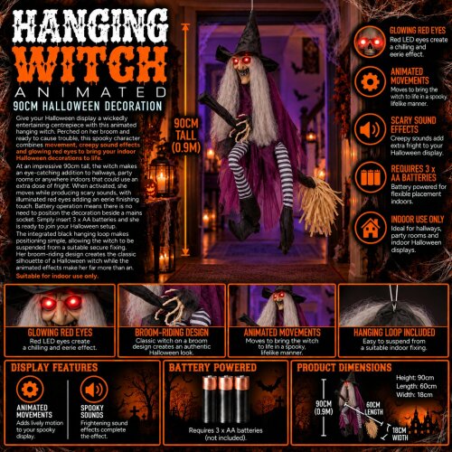 Samuel Alexander 90cm Animated Hanging Halloween Witch with Red Light Up Eyes & Sound