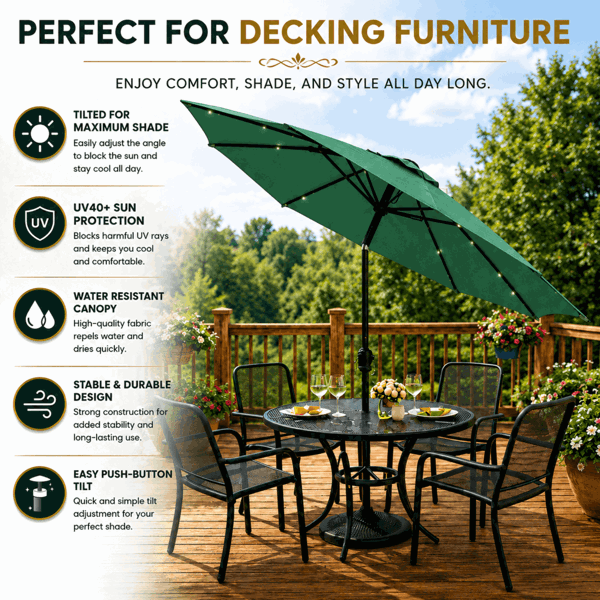 GlamHaus Garden Parasol Solar LED 2.7M ,Tilting Table Umbrella with Crank Handle, Protection UV40, Includes Parasol Cover- Green