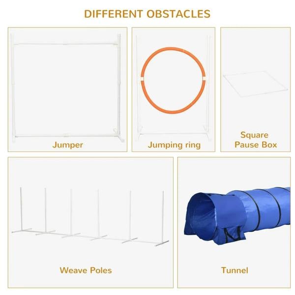 Six-piece dog agility equipment set components: jumper frame, orange ring, weave poles, tunnel, square box