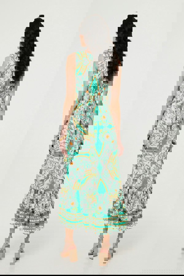 Green | Printed Sleeveless Tie Empire Maxi Dress
