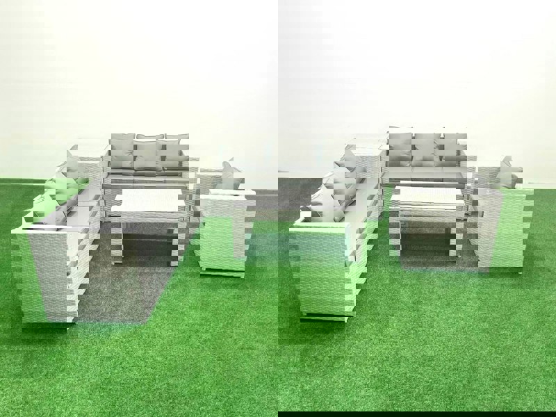 Fimous Wicker PE Rattan Sofa Garden Furniture Set with Oblong Coffee Table Armchair Side Table Light Grey Mixed