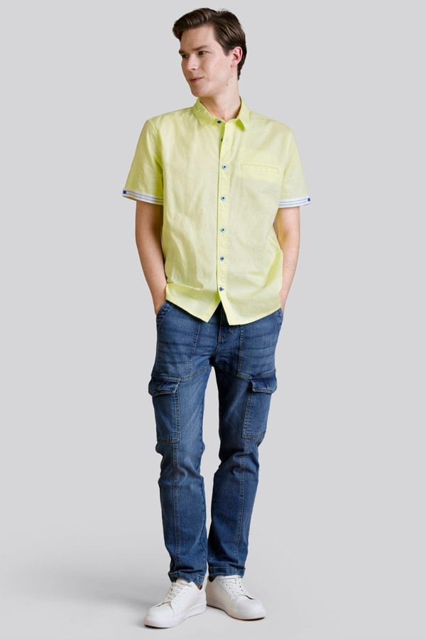 ENORSIA Men’s Lime Green Linen Blend Short Sleeve Shirt