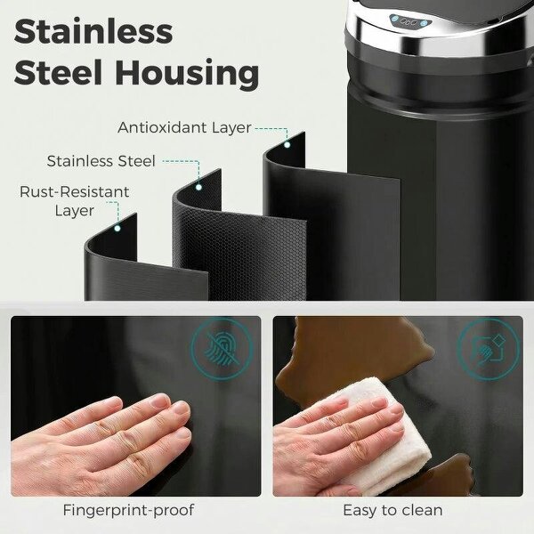 42L Automatic Motion Sensor Rubbish Bin with Fingerprint Resistant, Stainless Steel, Black