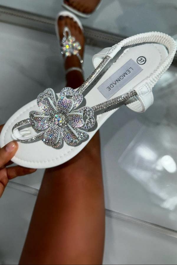 Love Lemonade Crystal Flower Sandals White