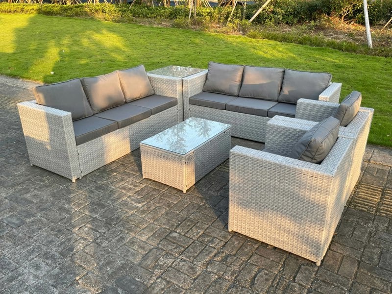 Fimous 6 PC Light Grey Outdoor PE Rattan Garden Furniture Set Wicker Sofa Coffee Table 2 Armchair