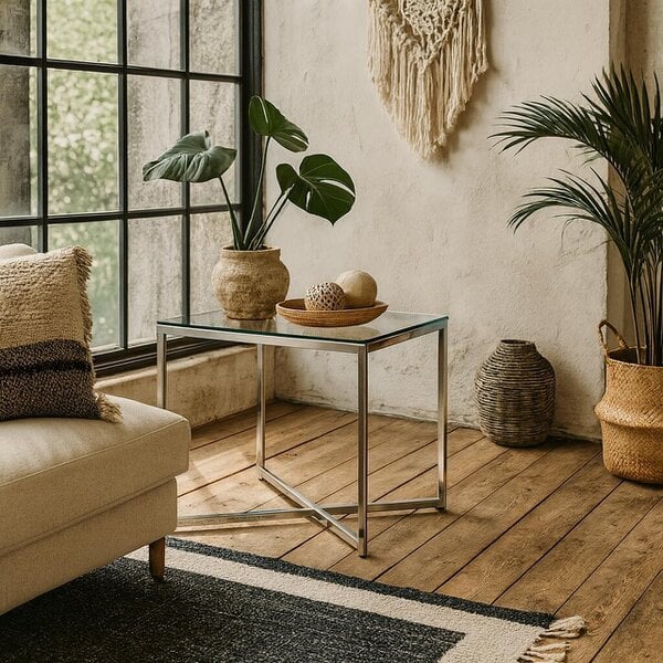 Wyld Haus Oakfern Square Silver Metal Side Table Glass Top