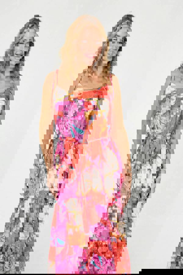 Pink | Floral Tie Strap Tiered Midi Dress