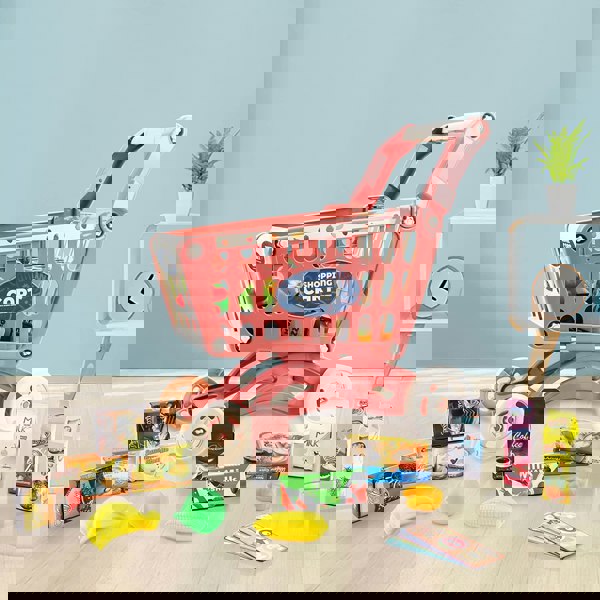 deAO Toys Kids Easy to Assemble Shopping Cart with Groceries, POS Machine, Plastic Money, Credit Cards and Shopping Cards - Red