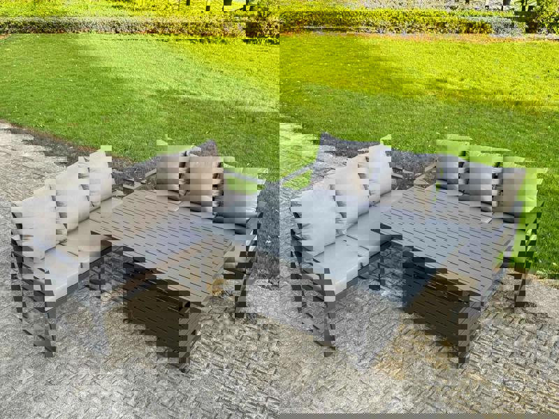 Fimous 6 Seater Aluminium Garden Furniture Set with Adjustable Rising Dining Table and 2 Sofas with Cushions - Dark Grey