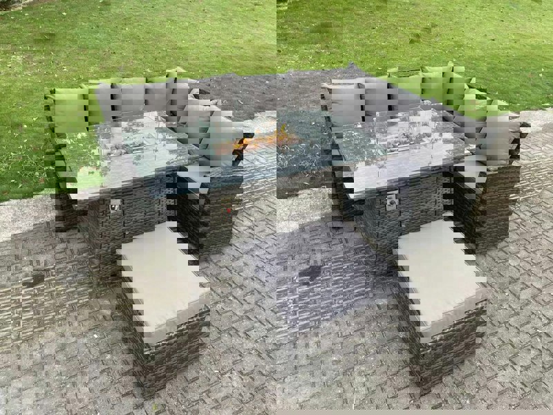 Fimous 7 Seater?Outdoor High Back Rattan Gas Fire Pit Corner Sofa Dining Set Garden Furniture Heater Dining Table Dark Grey Mixed Right Side