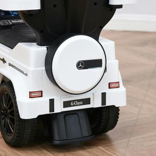White kids ride-on push car rear with Mercedes emblem, G-Class badge, and wheel details