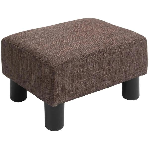 Brown linen ottoman cube with four black plastic legs, square cushioned top