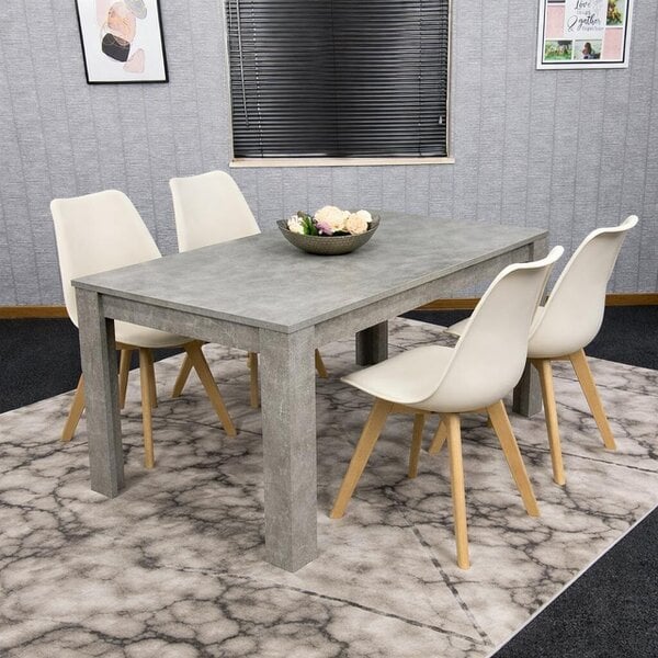 Kosy Koala Stone Grey Effect Wood Dining Table Set with 4 Cream Plastic Chairs Modern Dining Room Furniture