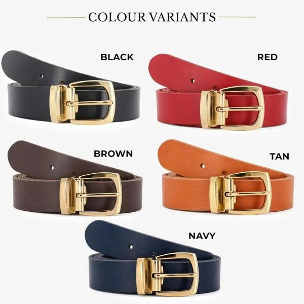 Collection of belts in black, red, brown, tan, and navy with gold buckles on a white background.