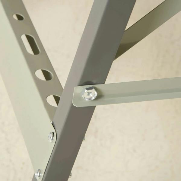 Gray folding work bench frame joint with metal bracket and bolts for support