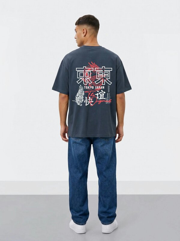 London Attitude Tokyo Dragon Oversized Heavyweight Cotton T-Shirt - Blue Dusk