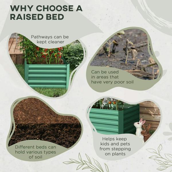 Light green raised garden bed planter shown outdoors in garden bed setup
