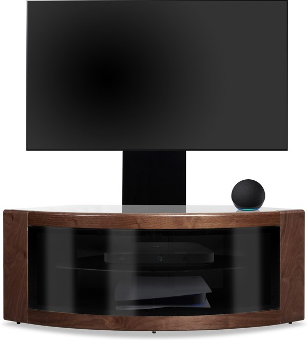 Centurion Supports PANGEA Black/Walnut Beam-Thru Curved True-Corner 32"-50" TV Cabinet with Mounting Arm