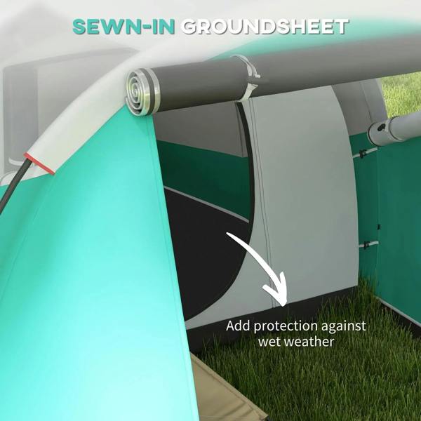 Green tunnel tent with sewn-in groundsheet corner detail for weather protection, gray floor panel