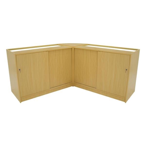 Maple Apollo LED shop counter set featuring a sleek corner design, smooth finish, and two spacious storage cabinets with doors