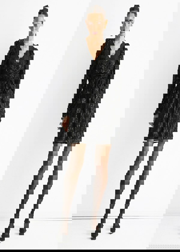 Gini London Black Sequin V Neck Belted Mini Dress