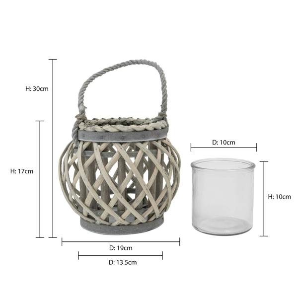 JVL Luna Natural Round Willow Wood Lantern With Braided Rope Handle, Grey Wash
