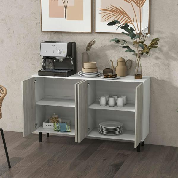 Sideboard cabinet with doors open to reveal two interior storage compartments
