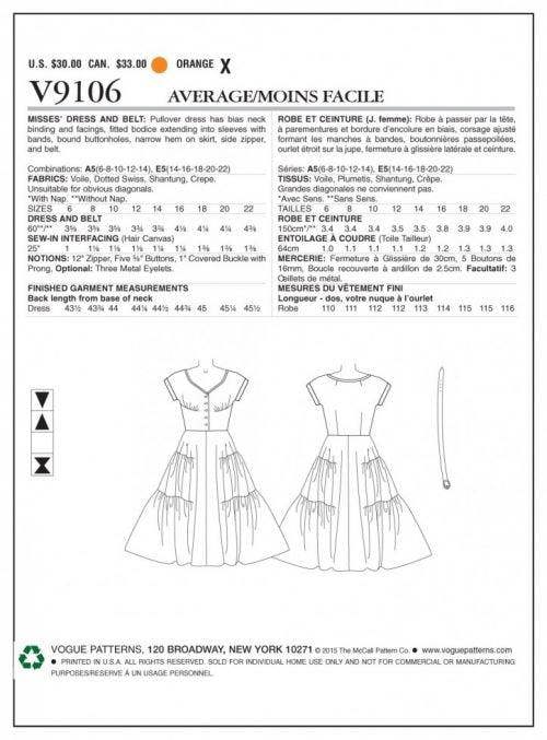 Vogue Sewing Pattern 9106, Dresses, Vintage Style for Women, A5 (6-8-10-12-14) - Intermediate