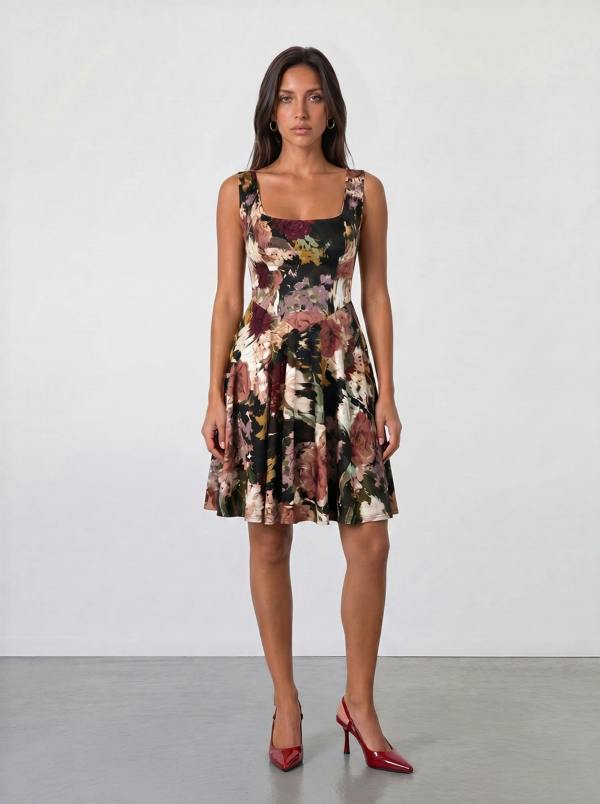 A woman faces forward against a white background, wearing the Sarvin Golha Floral Corset Dress with a flared skater skirt and red pointed-toe heels, her arms relaxed at her sides.