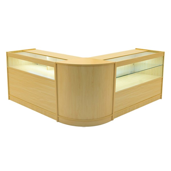 Adonis LED Shop Counter Set in maple finish, featuring a modern design with glass display areas and a sleek curved shape