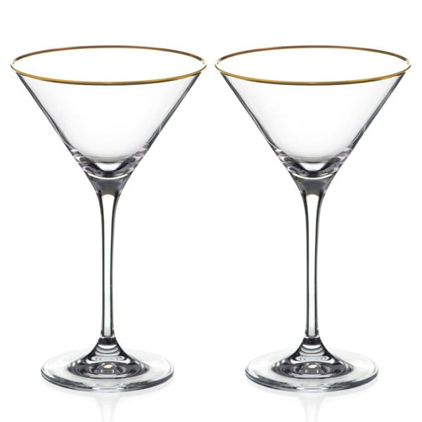 Diamante Hand Painted Gold Rim Crystal Martini Glasses - Set of 2