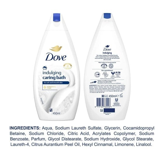 Dove Caring Bath Indulging Cream Bath Soak with 1/4 Moisturising Cream, 4x450ml